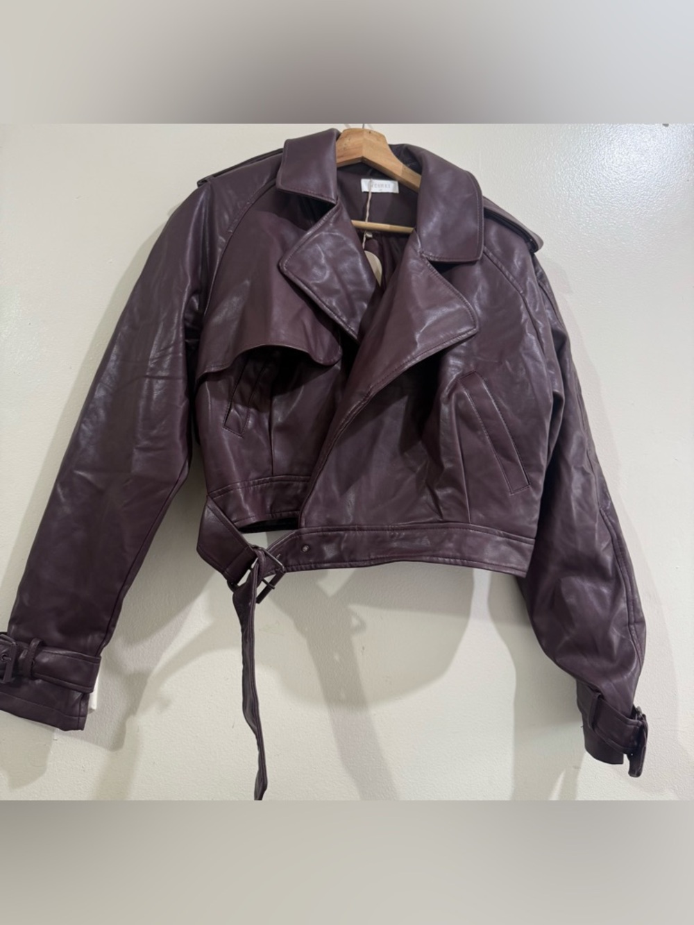 Meshki Plum Cropped Leather Moto Jacket - Picture 1 of 6